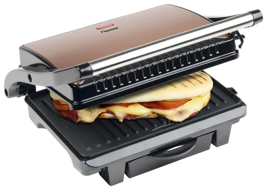 Bestron Contact Grill pour 2 personnes, machine à panini avec bac à graisse et revêtement antiadhésif, 1000 watts, couleur : cuivre
