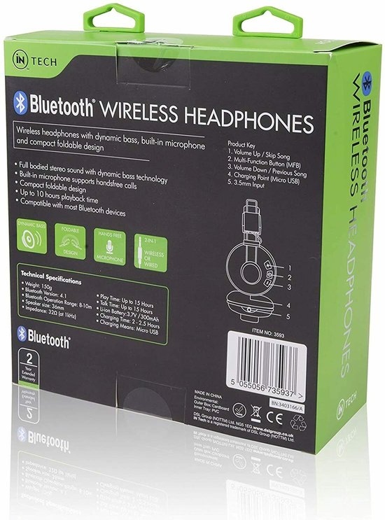 In Tech Bluetooth Wireless Headphones - draadloze hoofdtelefoon - on ear koptelefoon