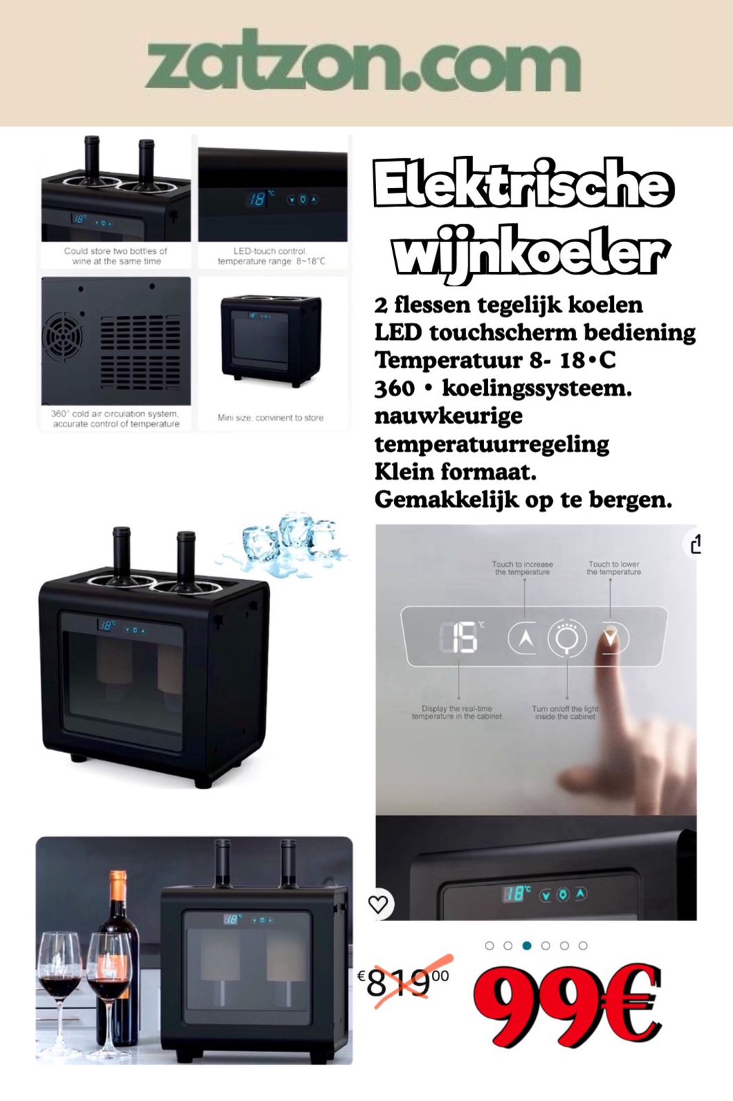 Wijnkoeler met touchscreen thermostaat - 2 flessen )